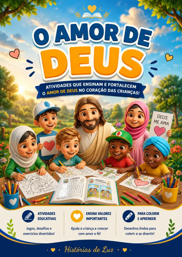 Capa do material O Amor de Deus com crianças fazendo atividades ilustradas
