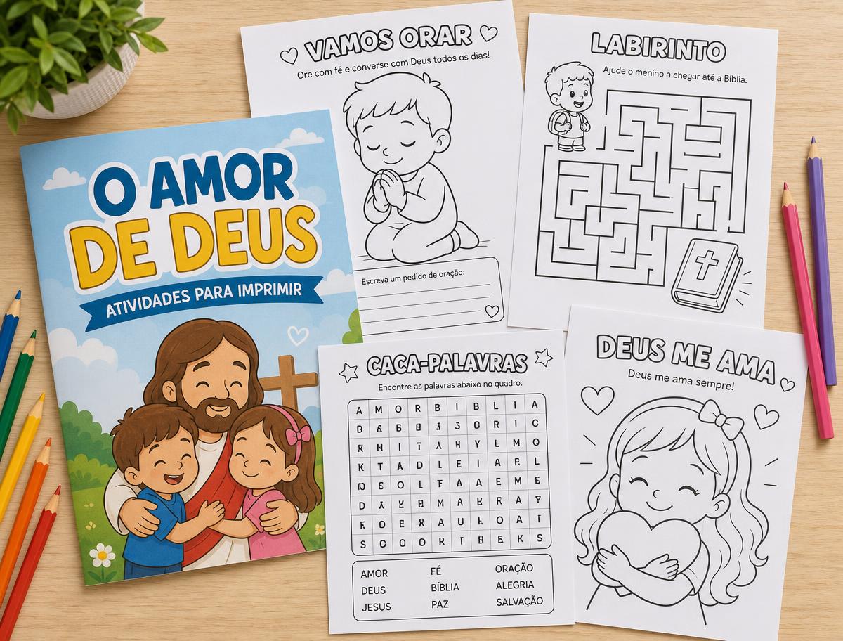 Páginas impressas do material O Amor de Deus: capa, vamos orar, labirinto, caça-palavras e Deus me ama